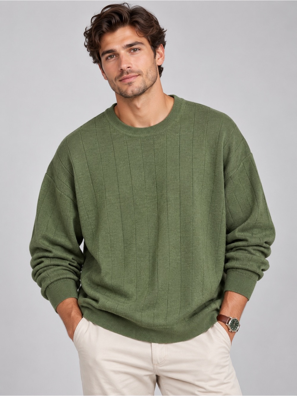 Greg Norman 100% Merino Wool Sweater Mens XXL Olive Green Ribbed Crewneck
